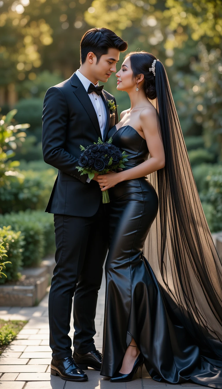 Couple de mariés romantique en tenue noire dans un jardin baigné de soleil