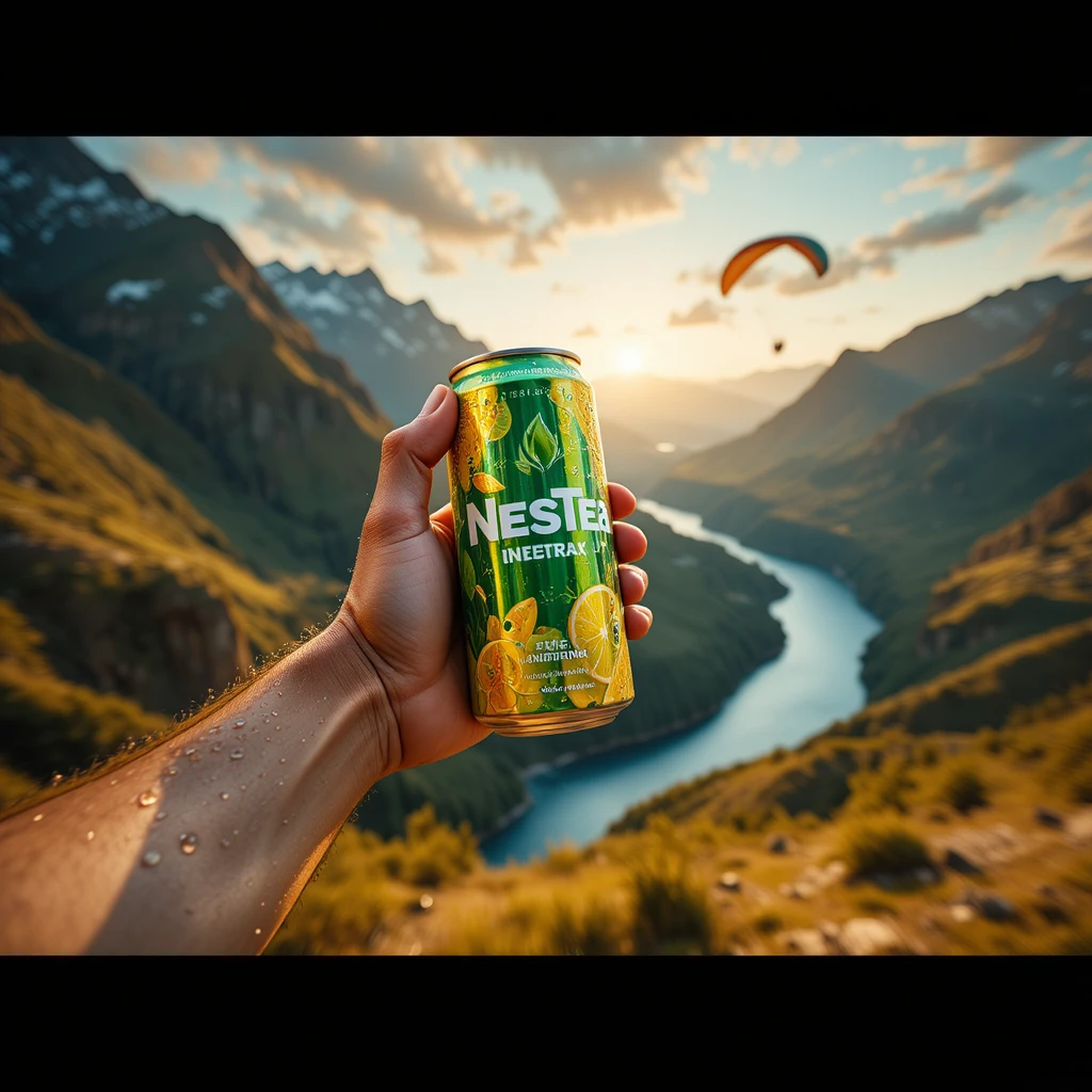 Athletische Hand hält gekühlten Energy-Drink in den Bergen