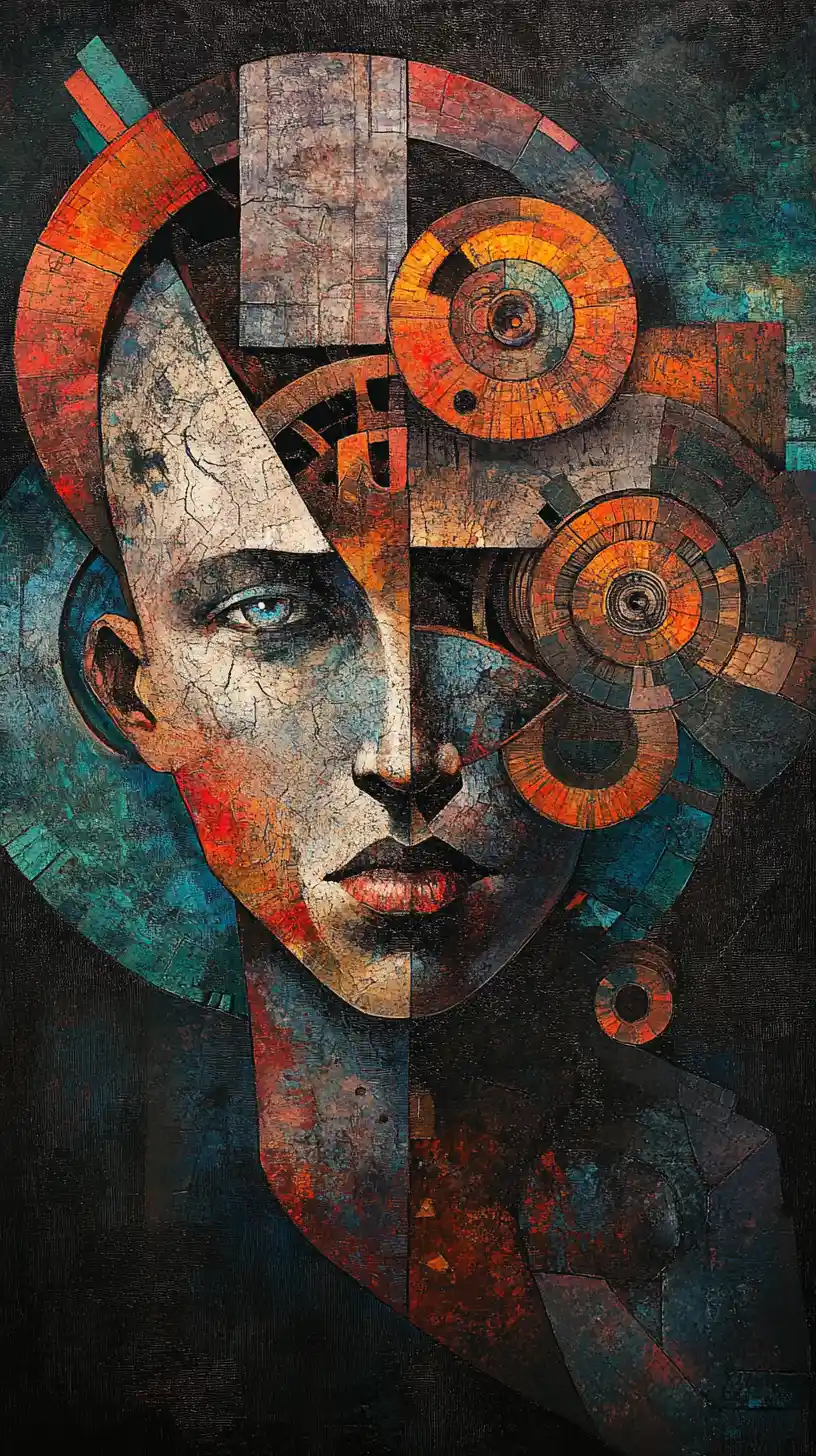 Surreal cubist portrait of fragmented mechanical human faces