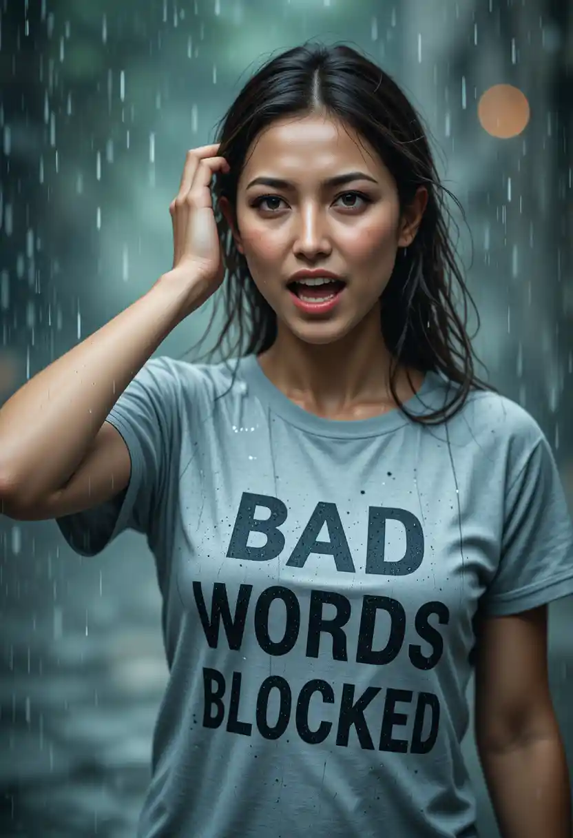 Angry young woman screaming in the pouring rain