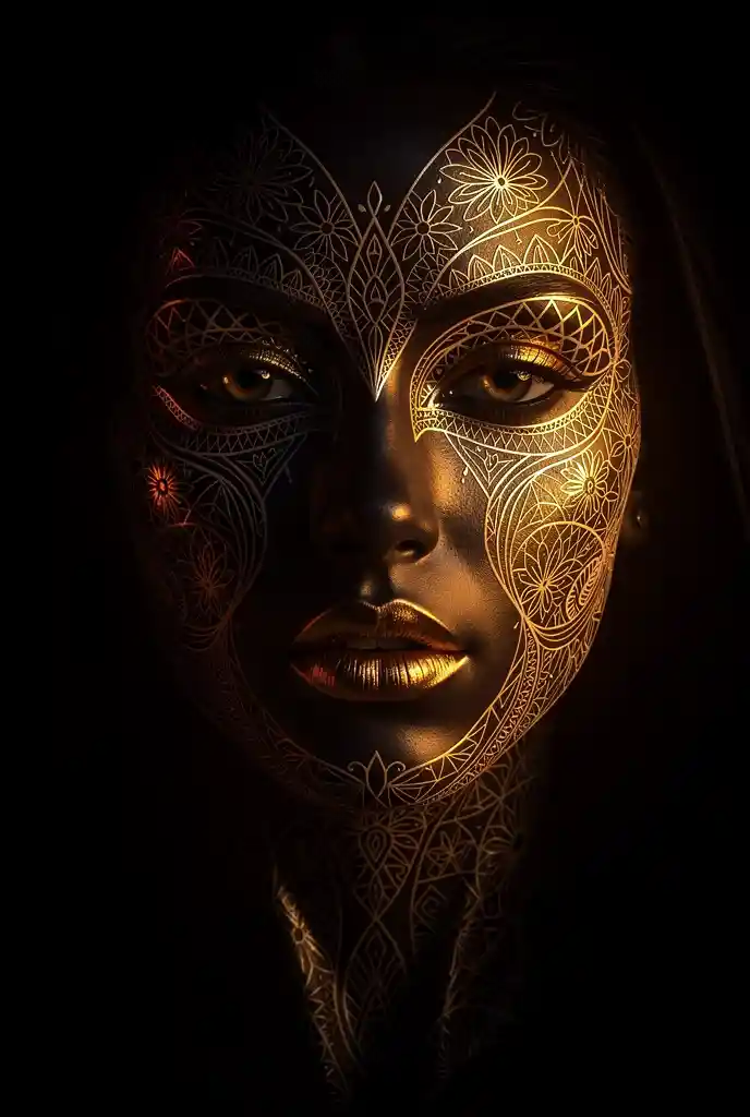 Face In Darkness With Glowing Ornate Zentangle Patterns