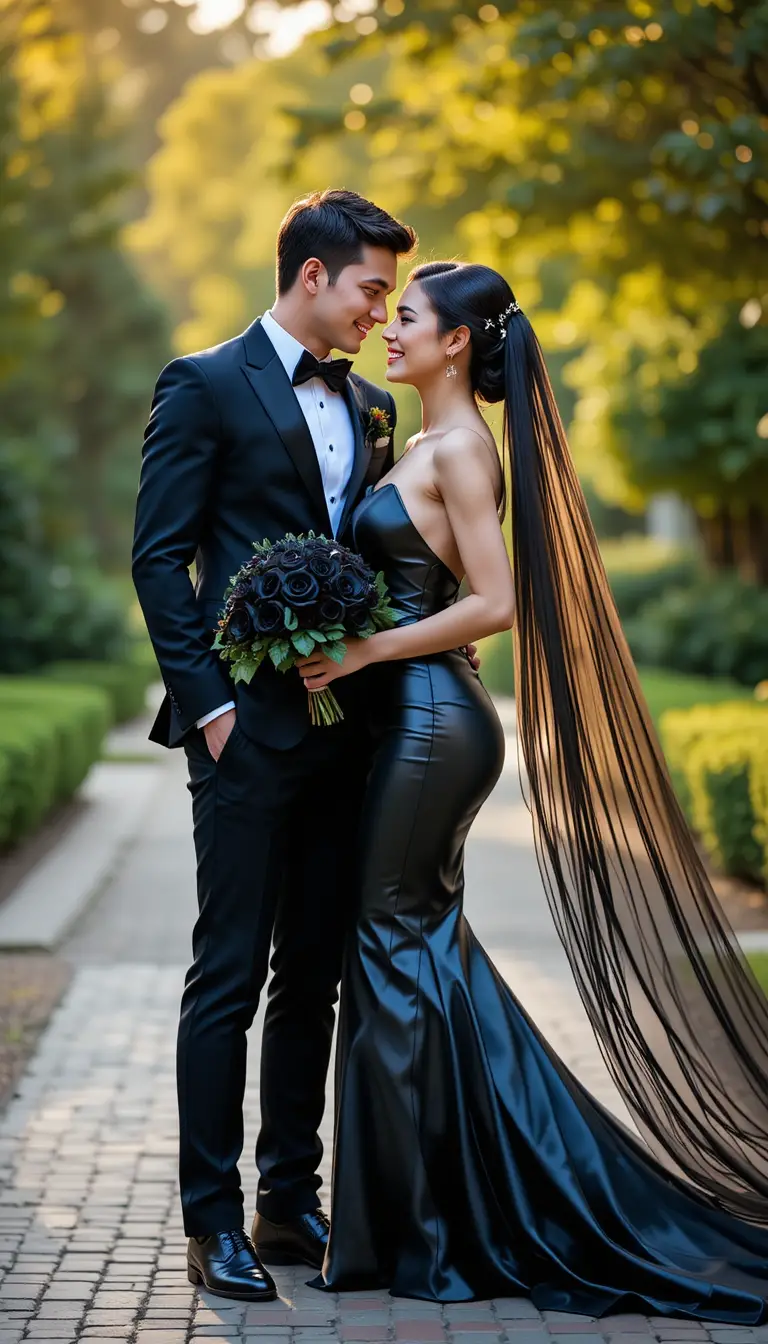 Novia y novio con atuendos de boda negros en el jardín