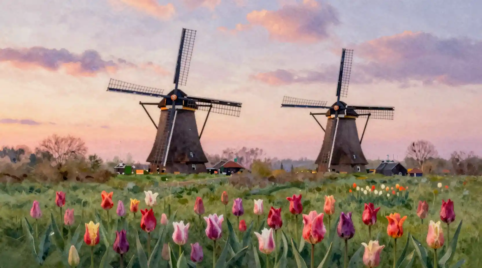 Gouache landscape with tulip fields and Dutch windmills at sunset