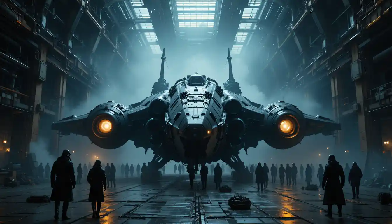 Enorme astronave sci-fi in un hangar industriale avvolto nella nebbia