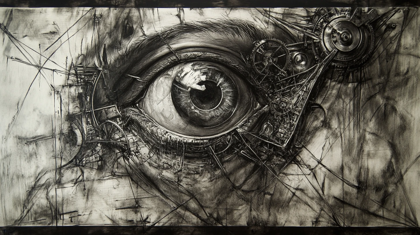 Surreal charcoal face with clockwork eyes in abstract flames