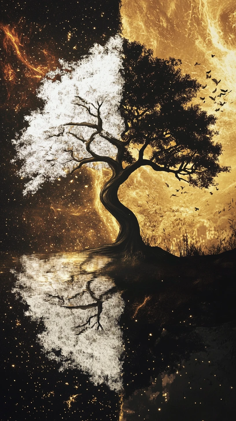 Yin yang ad alto contrasto con particelle luminose e forme di alberi