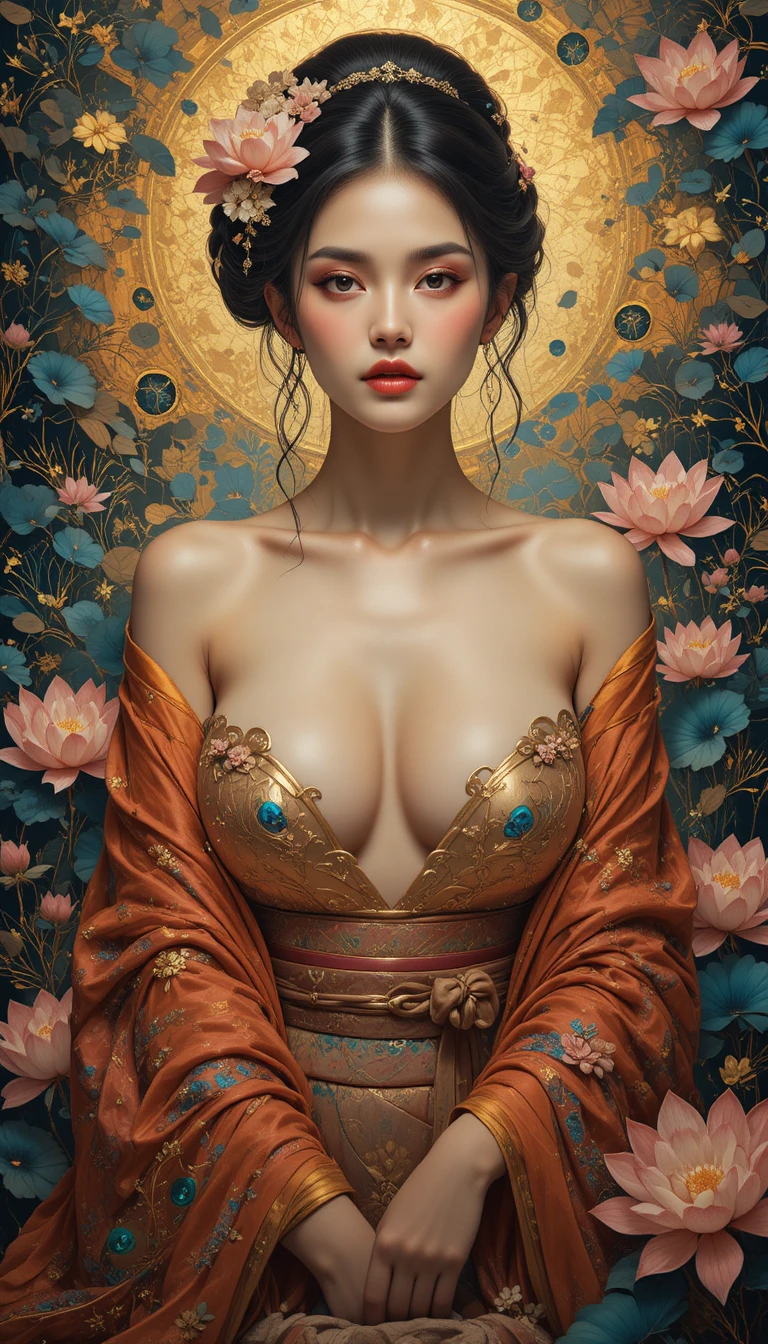 Retrato Nihonga de uma mulher em quimono solto