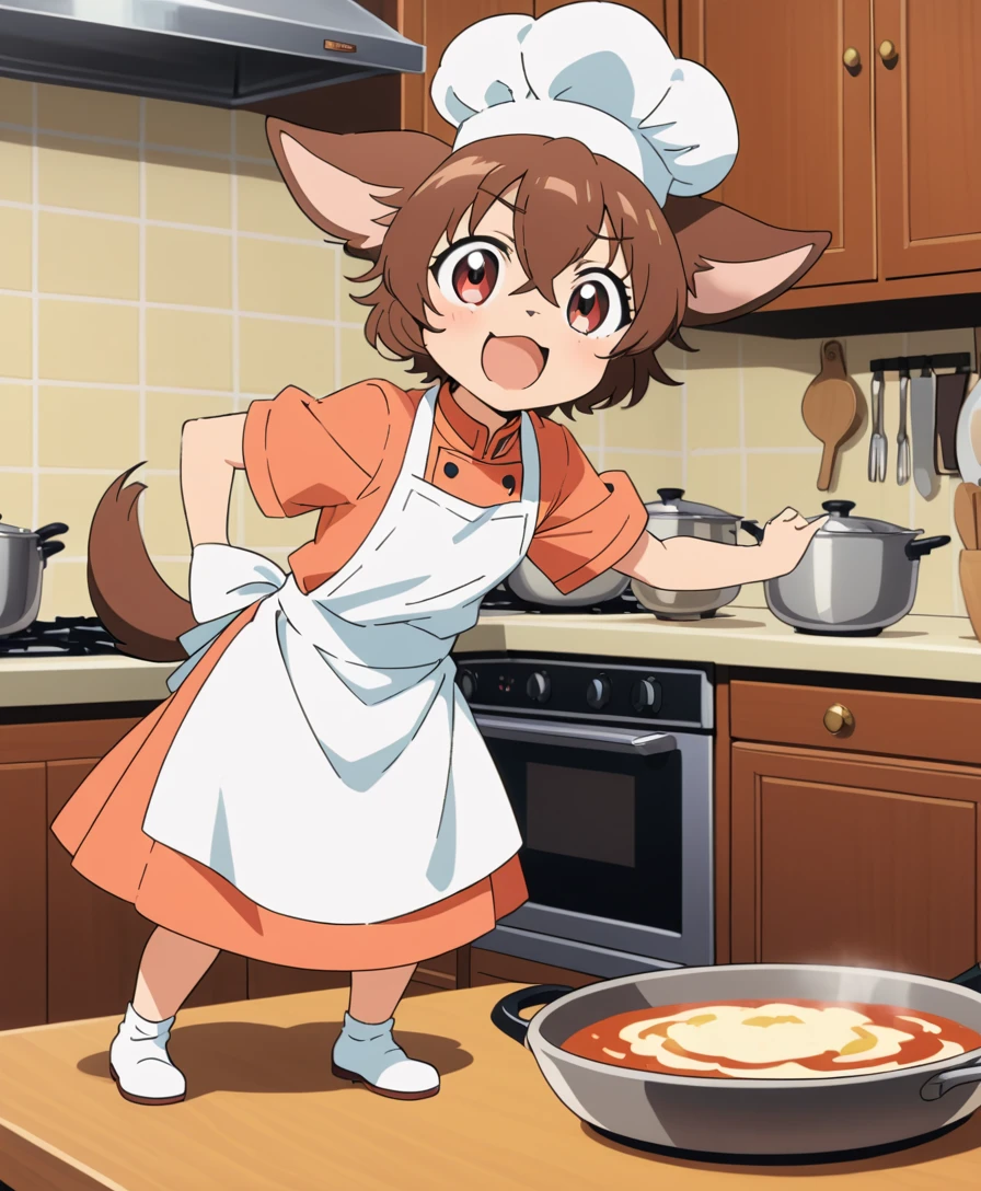 Fröhlicher Chihuahua-Koch in einer gemütlichen Küche beim Kochen vorbereiten