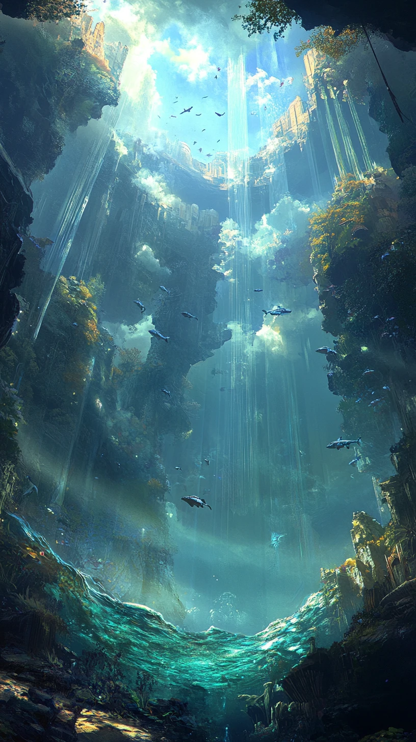 Donna sorridente in un ampio paesaggio fantasy panoramico