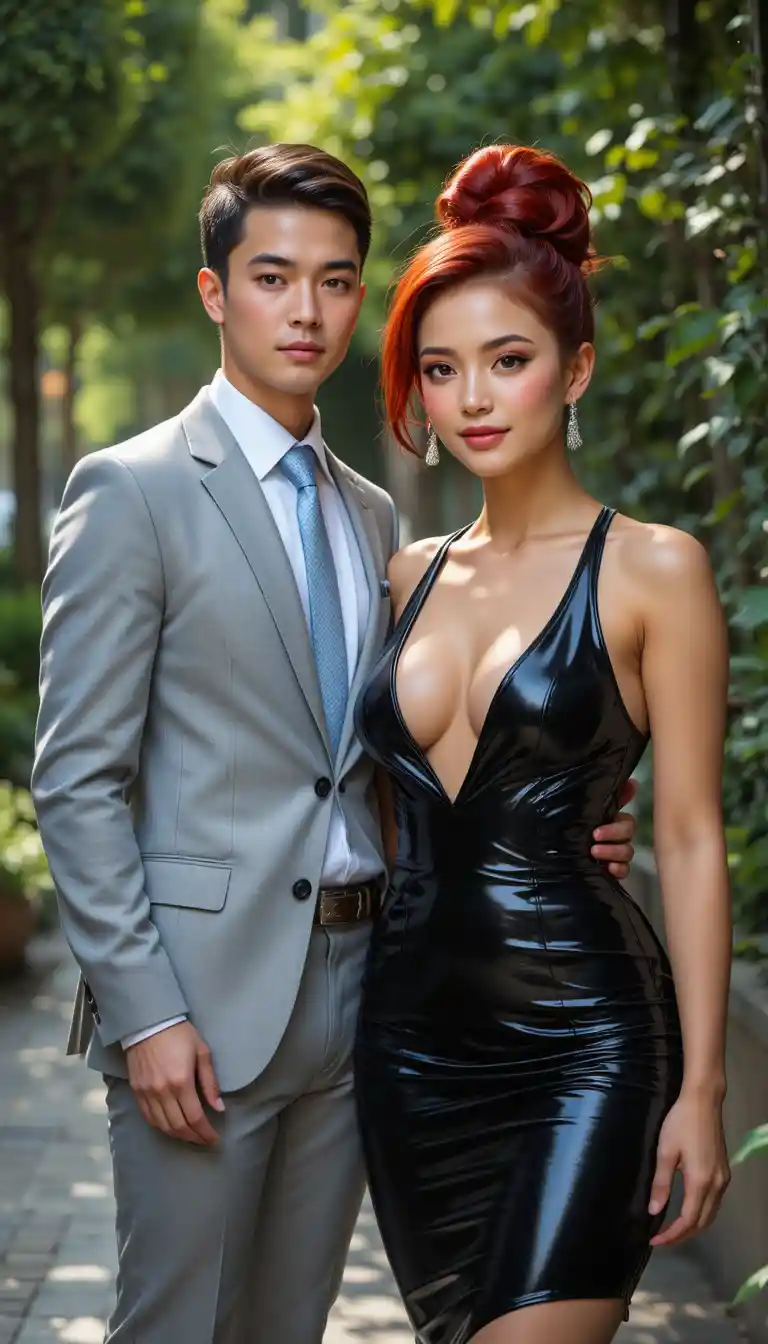 Couple stylé posant en extérieur avec des tenues élégantes et contrastées