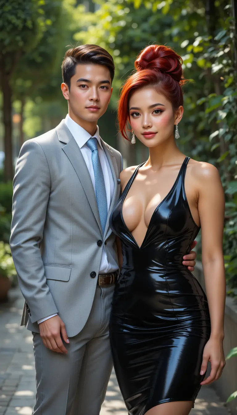 Stylish couple posing outdoors in elegant contrasting outfits