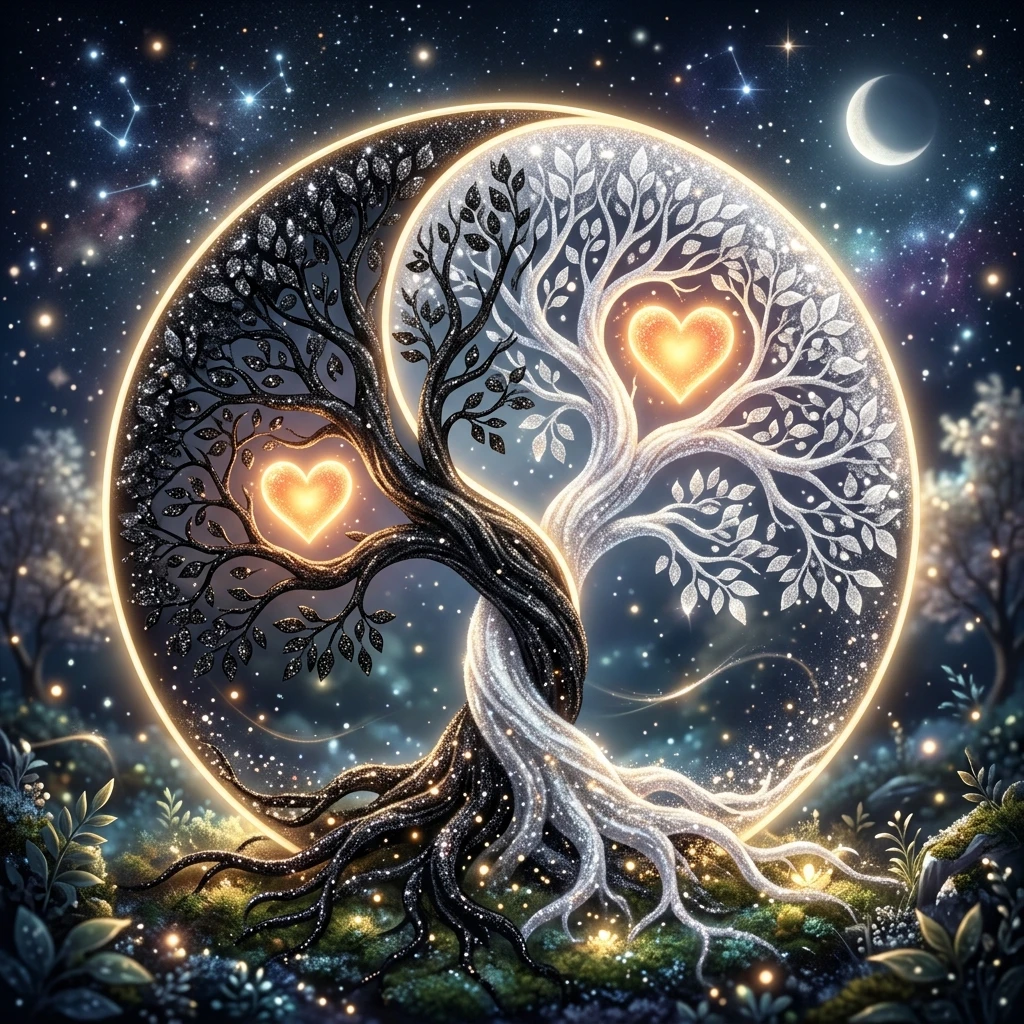Yin-Yang-Baum-Symbol mit leuchtenden Herzen und Glitzer