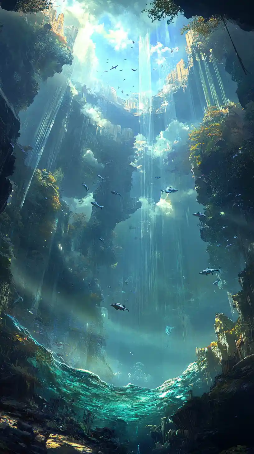 Smiling woman in a wide panoramic fantasy landscape
