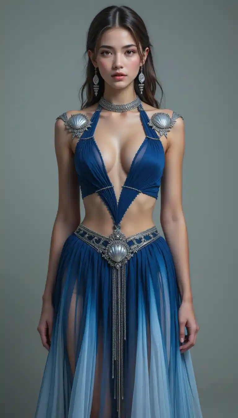Fantasy woman in flowing blue ombre outfit with silver details
