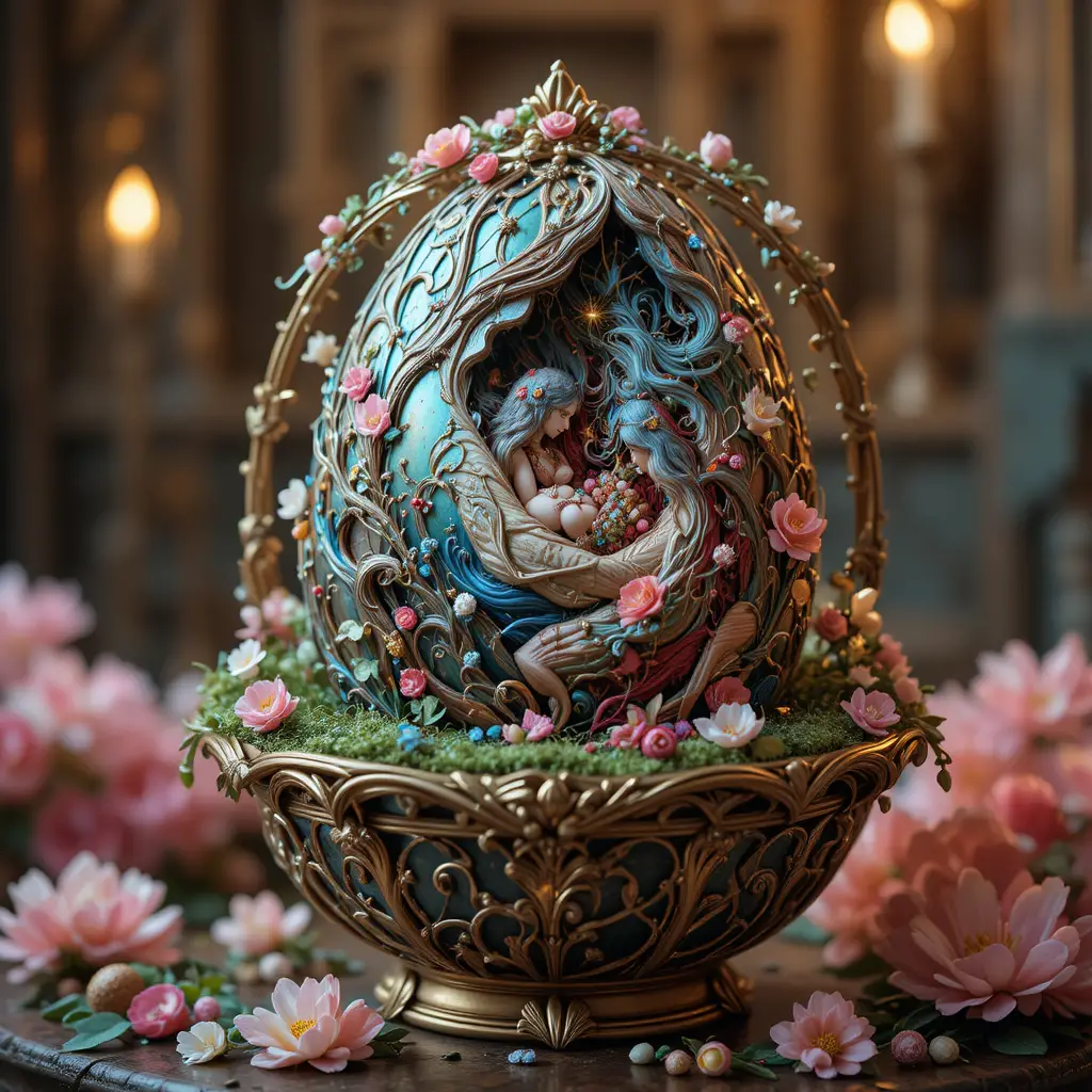 Œuf de Pâques Surréaliste dans un Panier Fantastique Baroque Orné