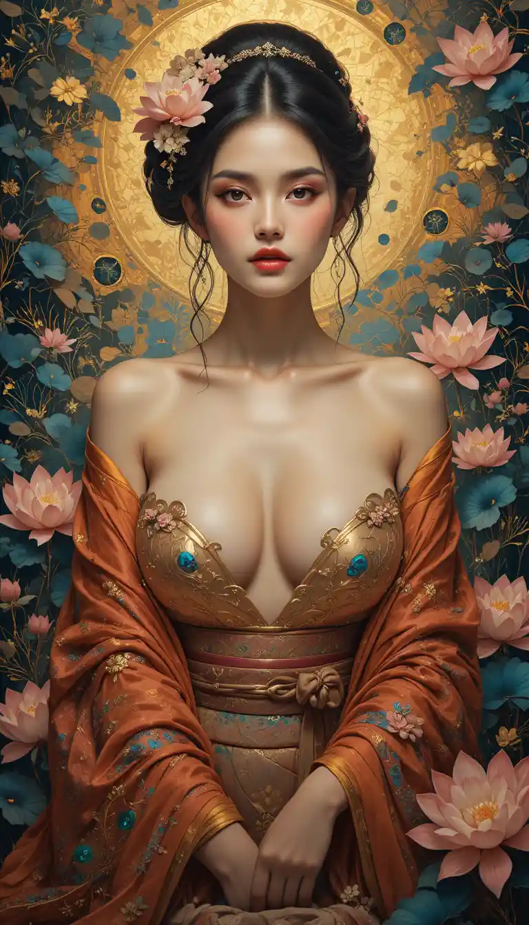 Ritratto Nihonga di una donna in un kimono morbidamente drappeggiato