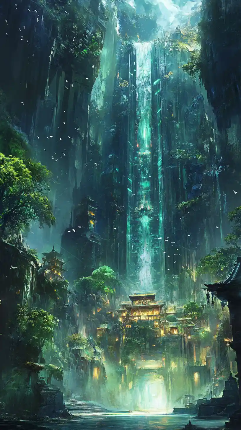 Smiling woman in a wide panoramic fantasy landscape