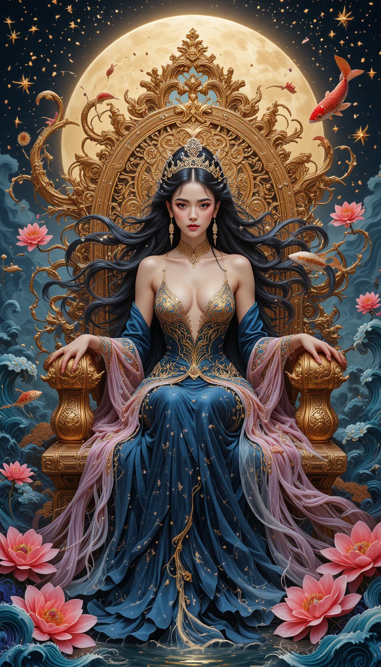 Majestic enchantress reclining on an ornate lacquer throne