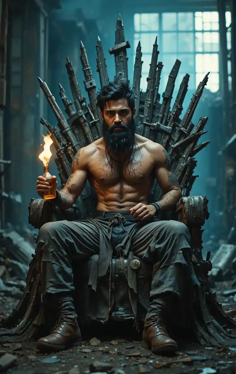 Gritty shirtless man on junk throne in industrial ruin