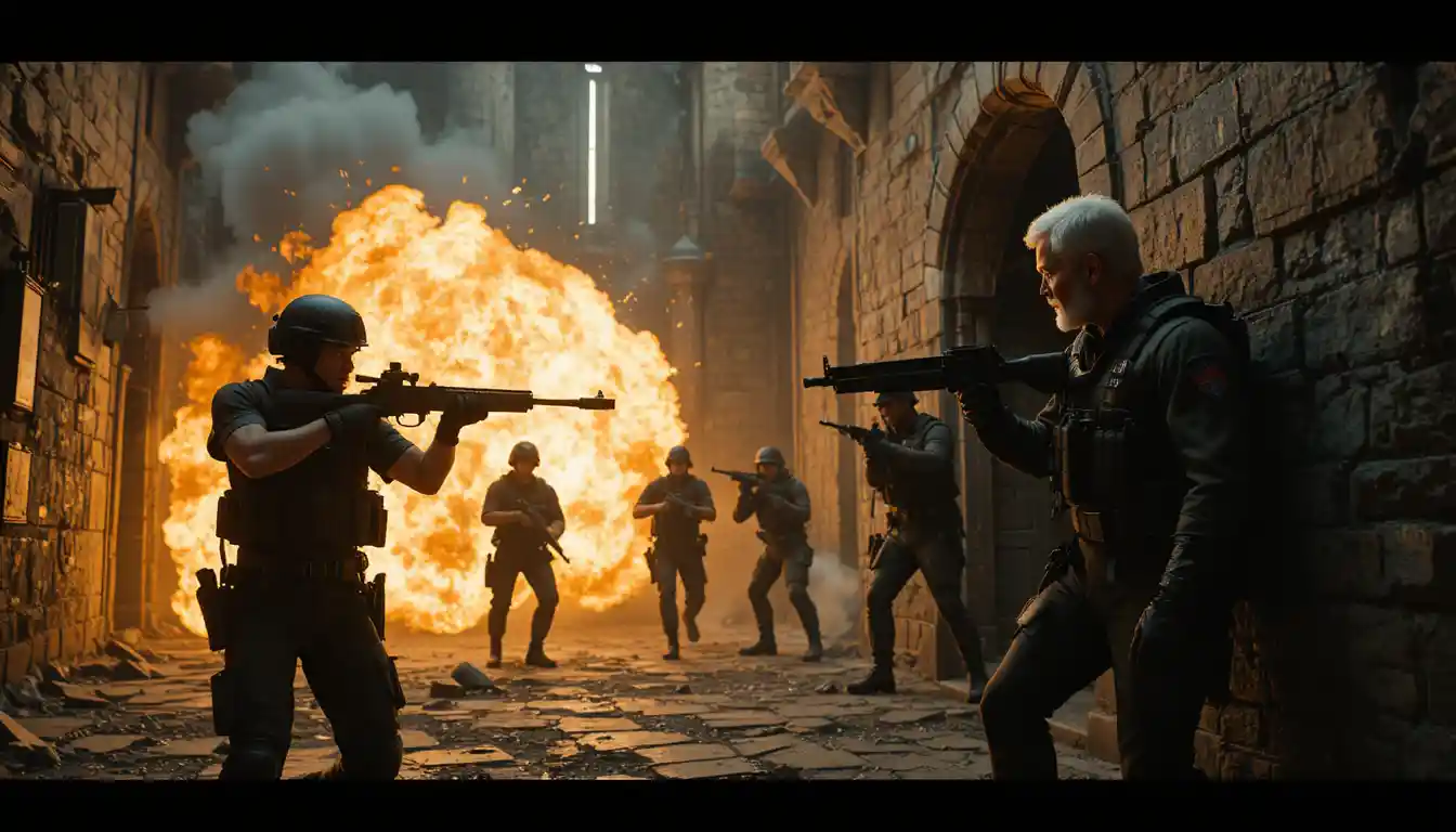 Explosive firefight in a crumbling castle corridor