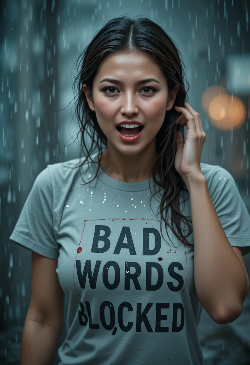 Joven mujer gritando de frustración bajo una lluvia repentina