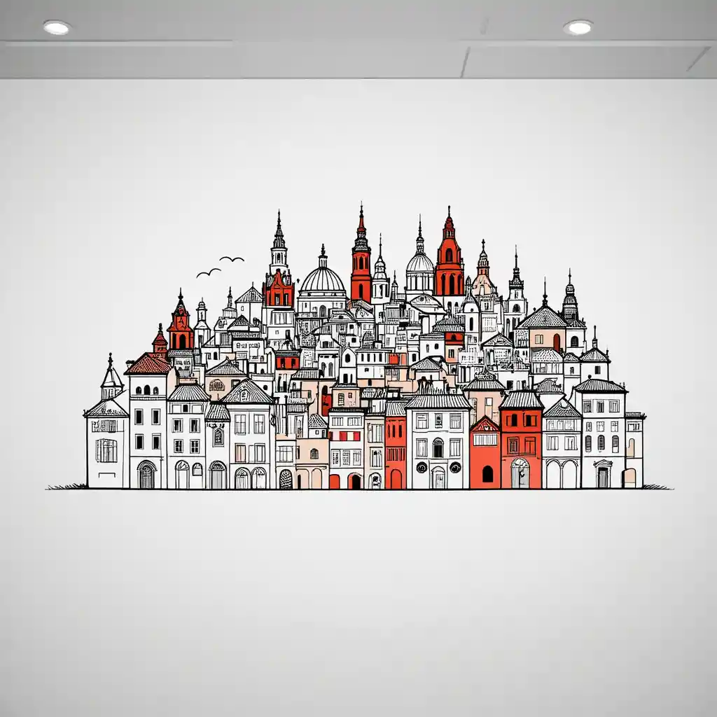 Minimal line illustration of a small Spanish cityscape