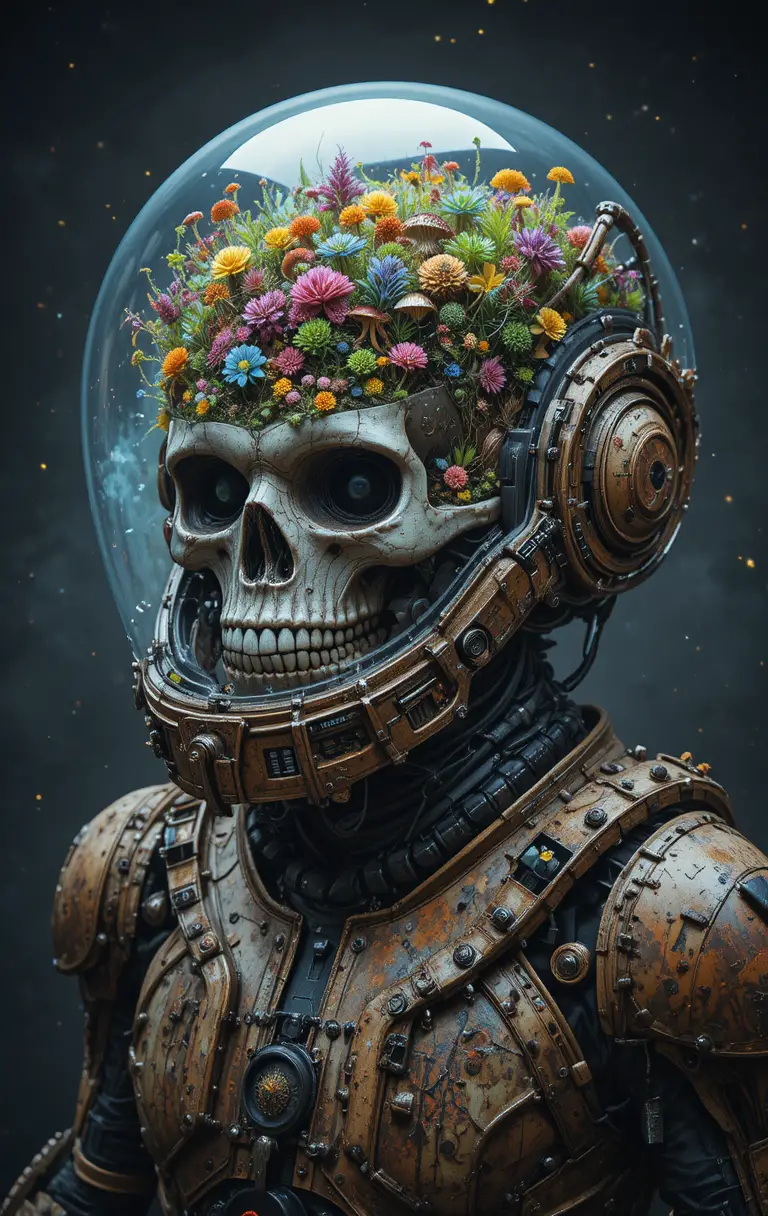 Casque sci‑fi avec crâne et plantes dans un vide étoilé