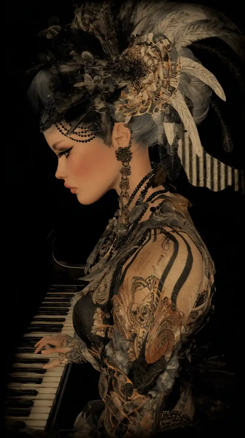 Woman in a fantasized land captured in a wide panorama view