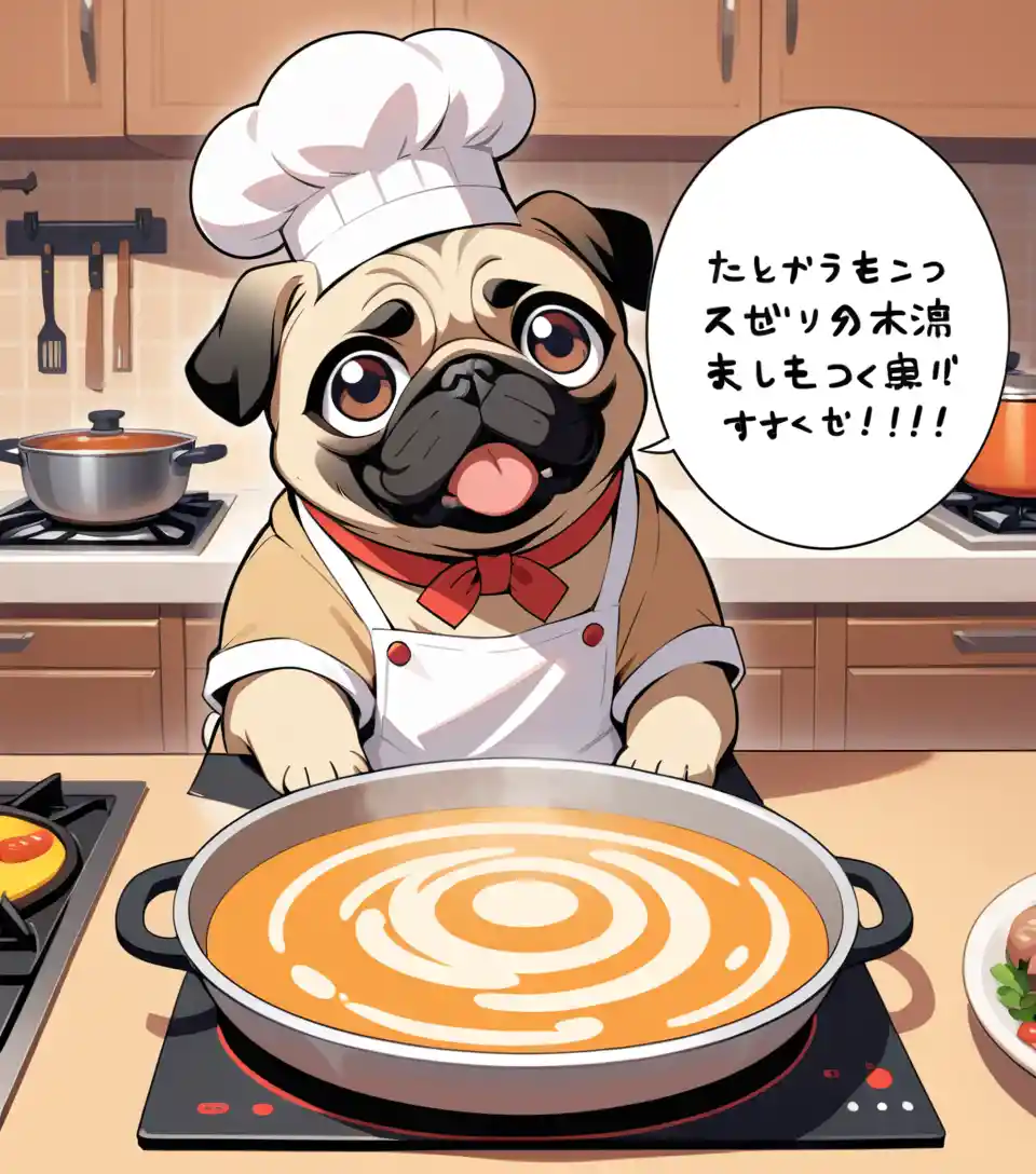 Cheerful pug chef in a cozy kitchen wearing hat and apron