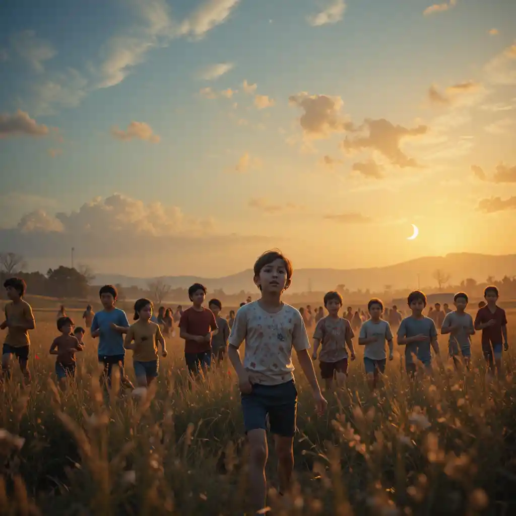 Children playing in a big open field at golden sunset