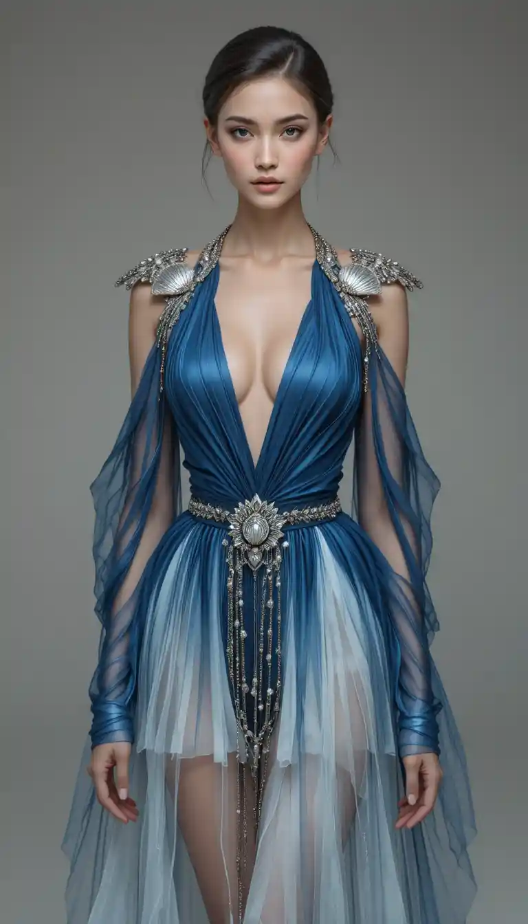 Elegante Frau in blauem Fantasy-Outfit – Ganzkörper-Studio­porträt
