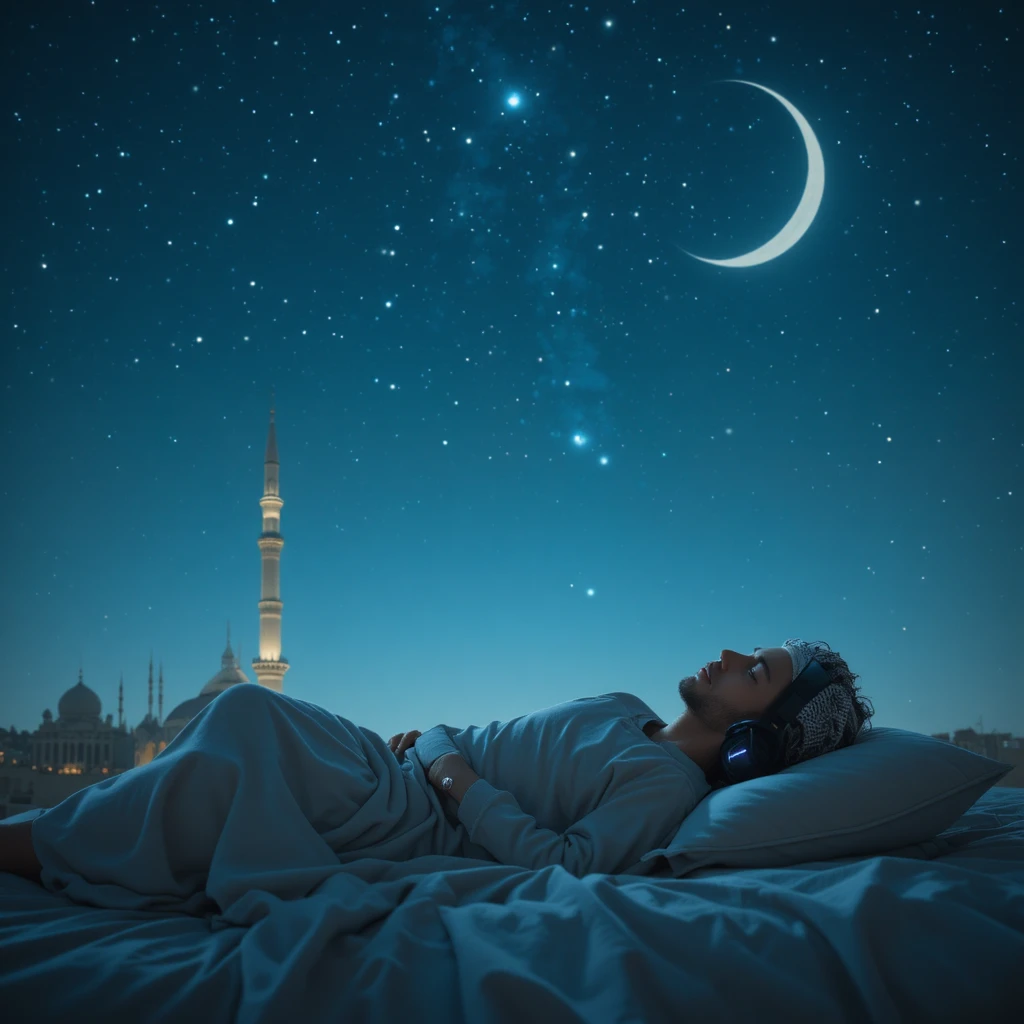 Muslim man sleeping on bed under night sky with headphones