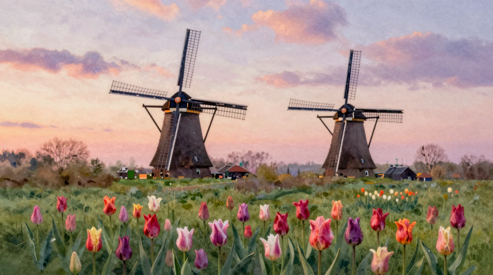 Gouache-Landschaft mit Tulpenfeldern und niederländischen Windmühlen bei Sonnenuntergang
