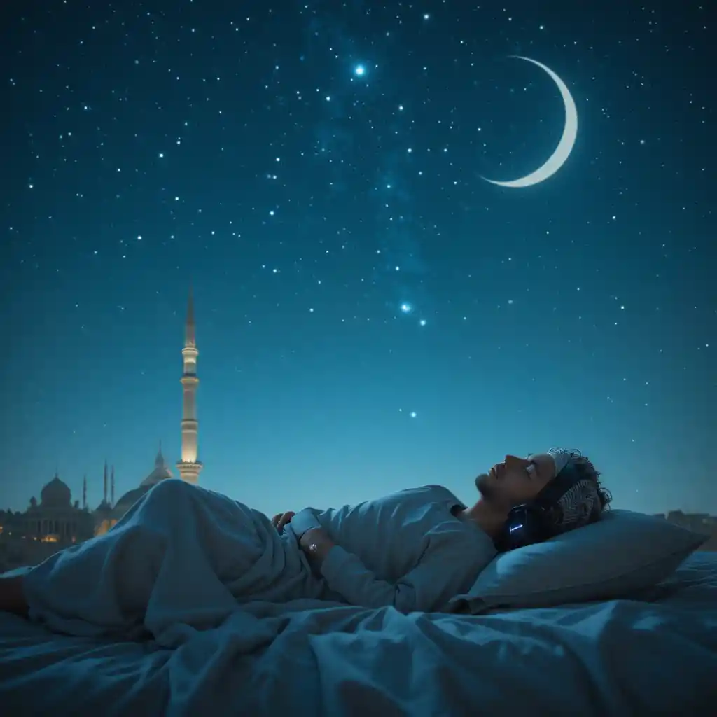 Muslim man sleeping on bed under night sky with headphones