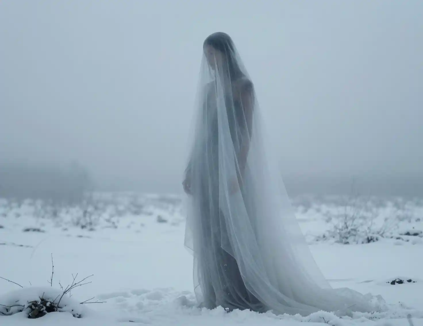 Veiled figure in a silent snowy wilderness under diffused light
