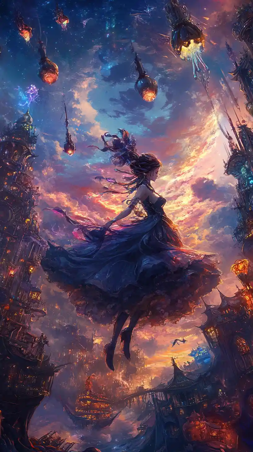Panoramic fantasy land with a lone woman at the vanguard