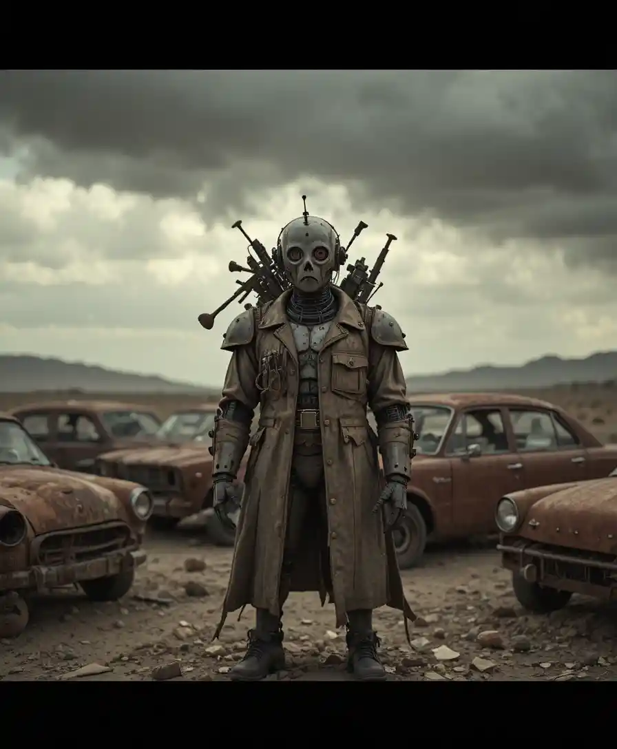 Weathered robot in a desert junkyard under stormy skies