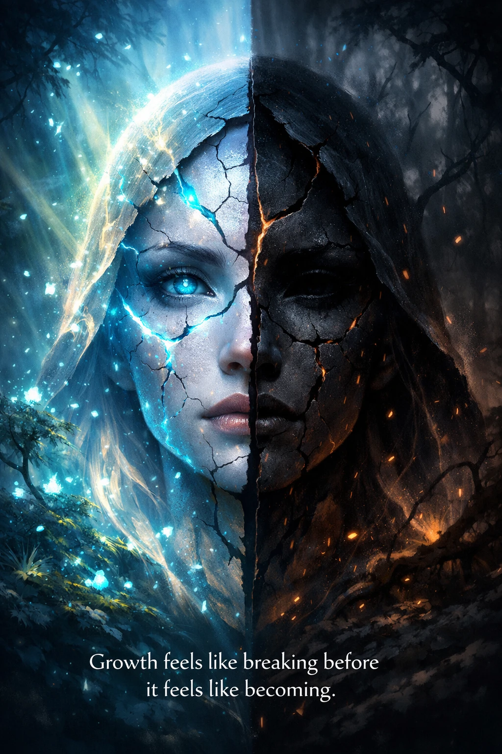 Surreal split face in light and shadow with glowing particles