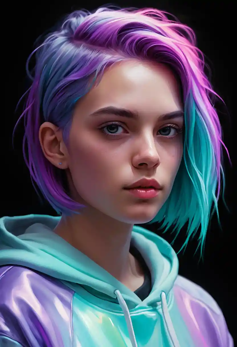 Neon portrait of a young person with pastel rainbow hair