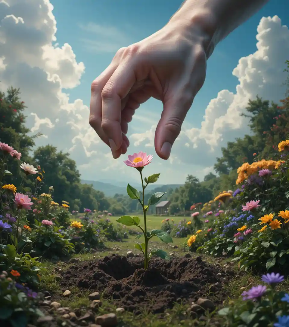 Giant celestial hand gently planting a single flower