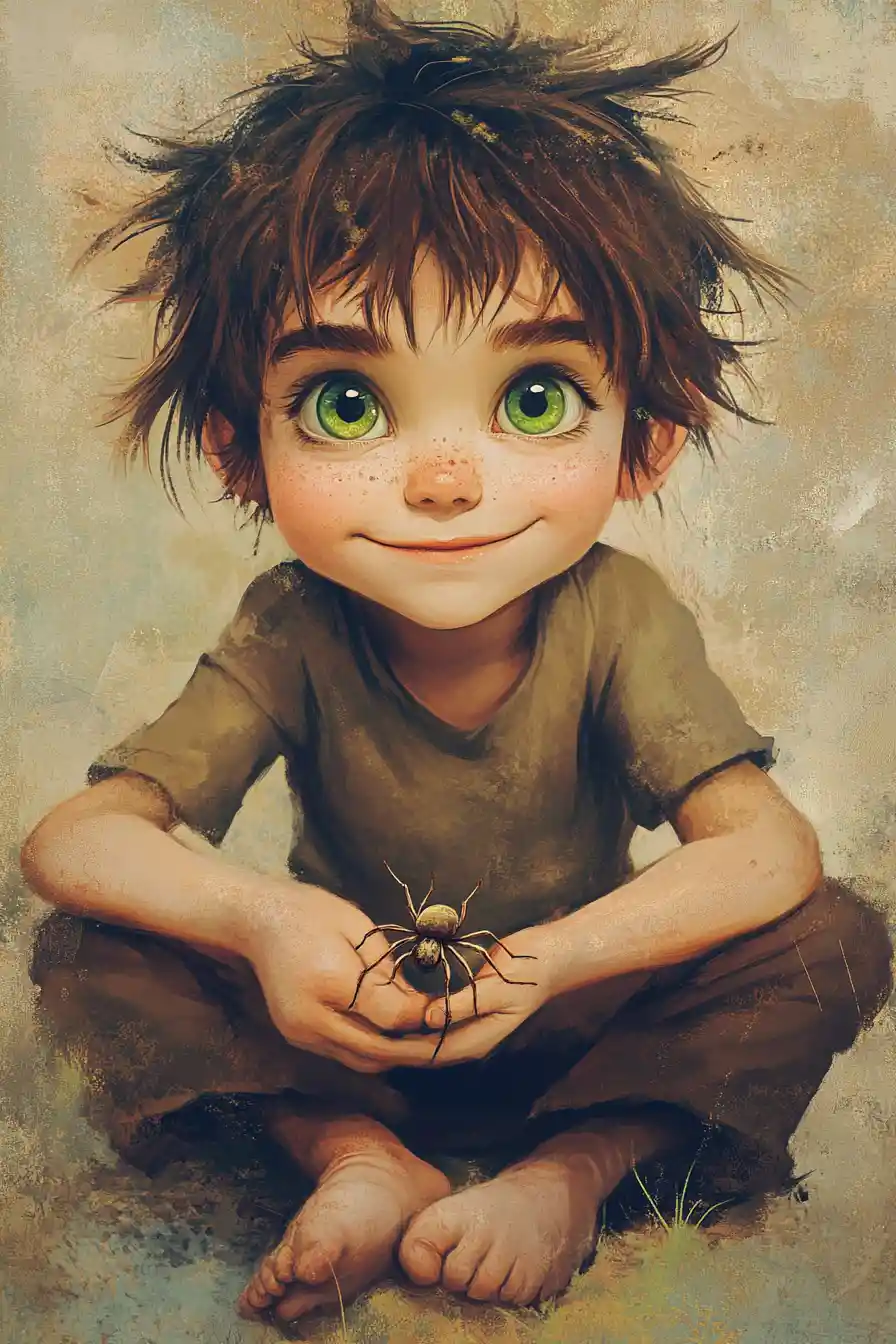 Curious boy holding a tiny spider in soft pastel colors
