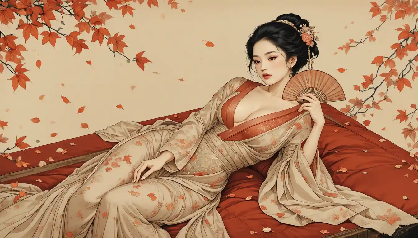 Elegant noblewoman reclining on lacquered platform in Nihonga style