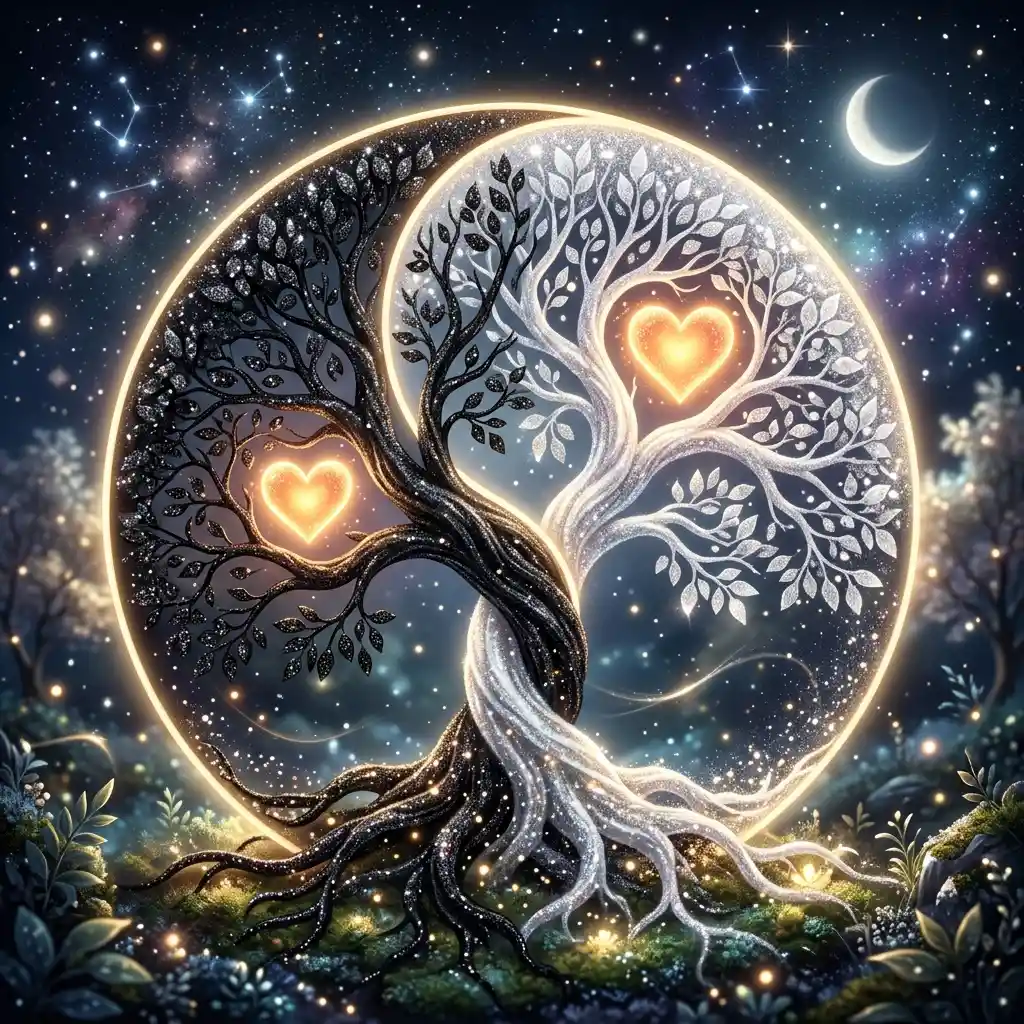 Yin yang tree symbol with glowing hearts and glitter