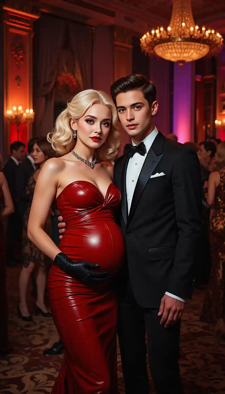 Pregnant woman in red gown posing in elegant ballroom