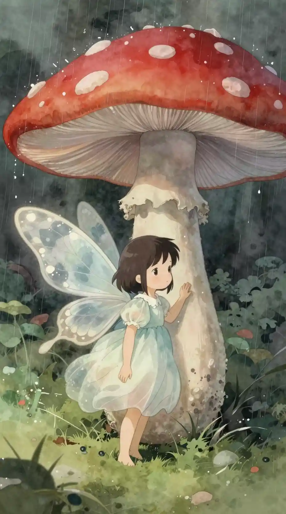 Tiny fairy under a red mushroom sheltering from gentle rain