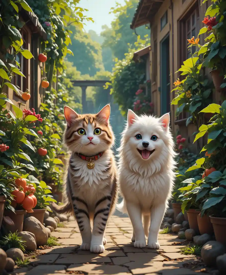 Tabby Cat And White Dog Strolling In A Colorful Garden