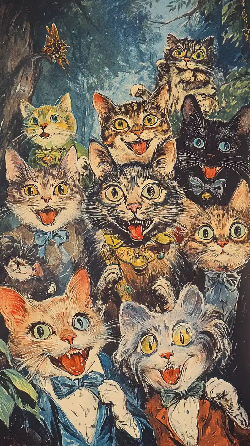 Victorian style illustration of anthropomorphic cats