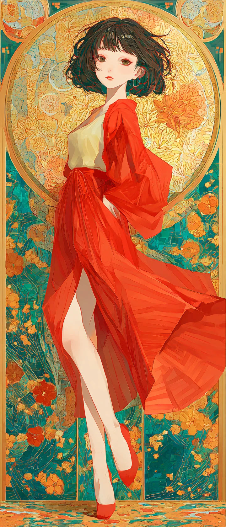 Danseuse en style anime dans une peinture stylisée inspirée de Klimt