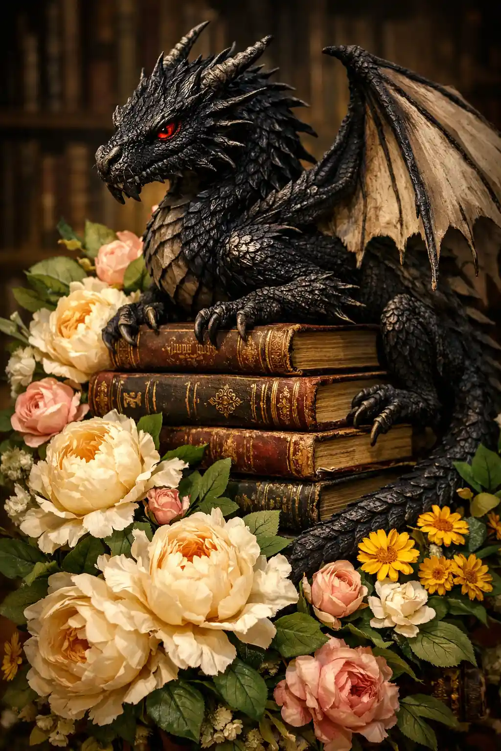 Black Dragon On Antique Books Surrounded By Flowers