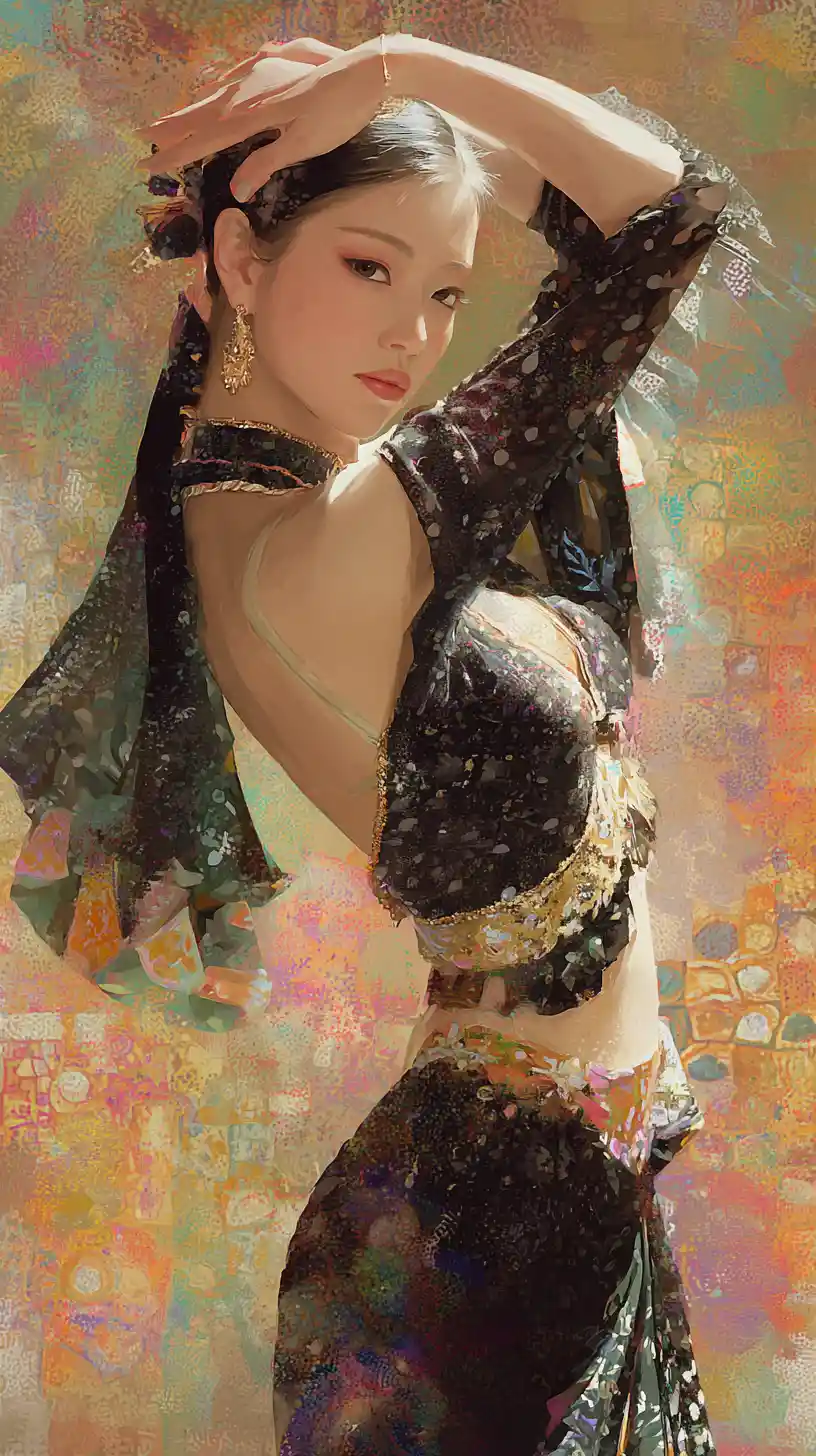 Ballerina in stile anime ispirata a Klimt in vivace stile pittorico